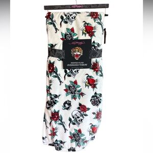 ED HARDY White Tattoo Printed Oversized Plush Throw Blanket